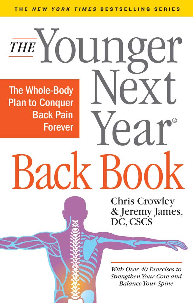 The cover of the younger next year back book featuring an illustration of a man with his hands outstretched and his spine aligned. 