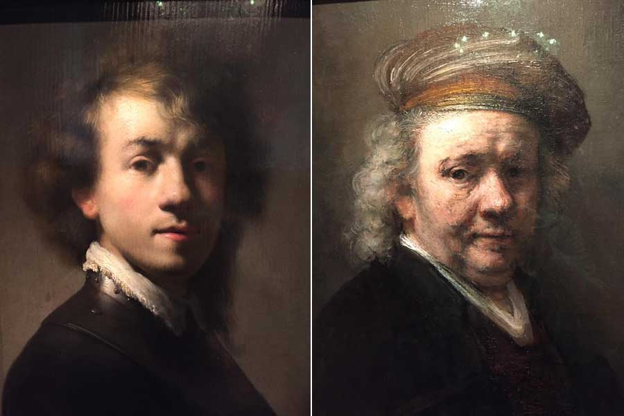 Two self portraits of Rembrandt: one when he's younger and one when he's older a grey haired. 
