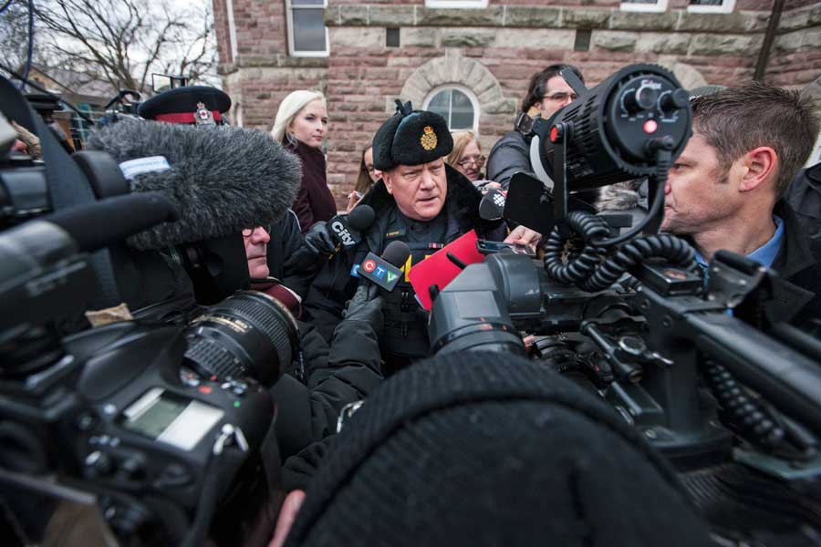 Sgt. Dave Rektor speaks to the media outside the Woodstock court house as OPP announce six more charges against Wettlaufer on January 13, 2017.