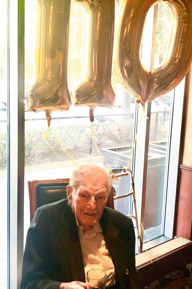 Wiener celebrates his 100th birthday at his residence in Westmount, Montreal. 