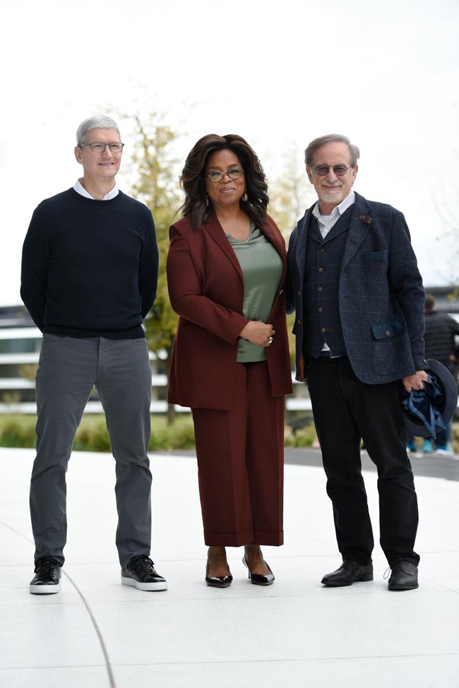Oprah with Apple CEO Tim Cook and Steven Spielberg: Photo by Michael Short/Getty Images