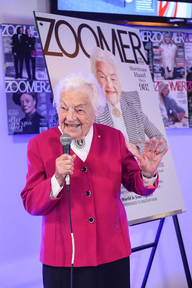 Hazel McCallion addresses the audience at a cover reveal event in Toronto. (Photo: George Pimentel)