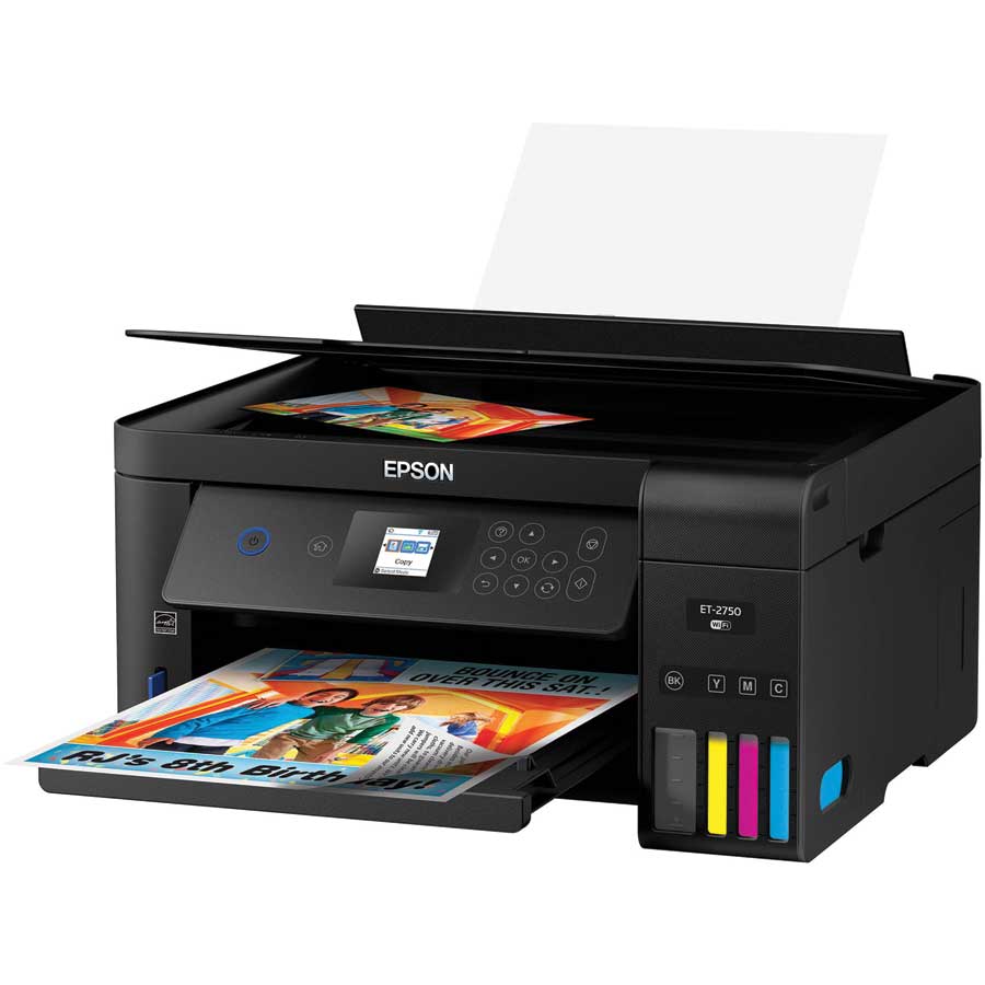 A Printer with a colourful photo printed in the tray.