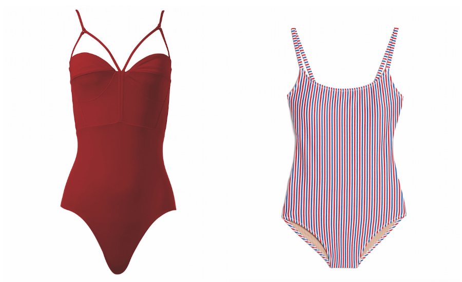 A picture of the Eco-Friendly. Angelys Balek recycled fabric bustier swimsuit from holtrenfrew.com and a picture of the Elongating Lines swimsuit from oldnavy.ca.