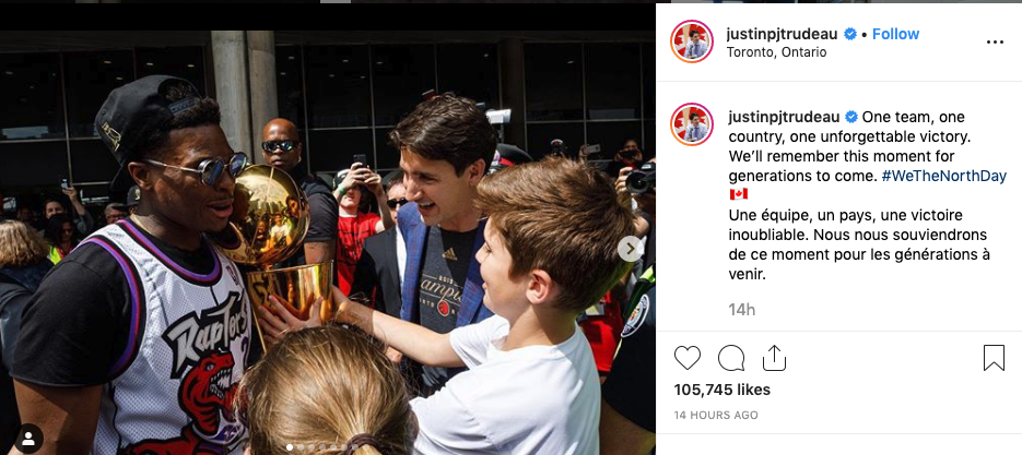 Justin Trudeau greets Lowry at Nathan Philips Square after the championship parade. 