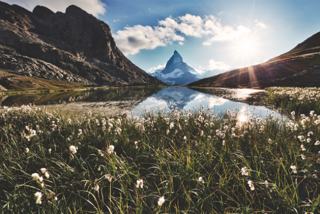A photo of the Matterhorn reflected in the Rifflesee, a popular place to hike.