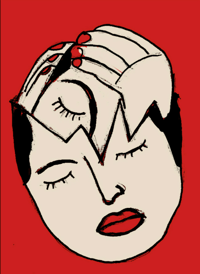 An illustration of a woman holder her broken head inside her own broken head.