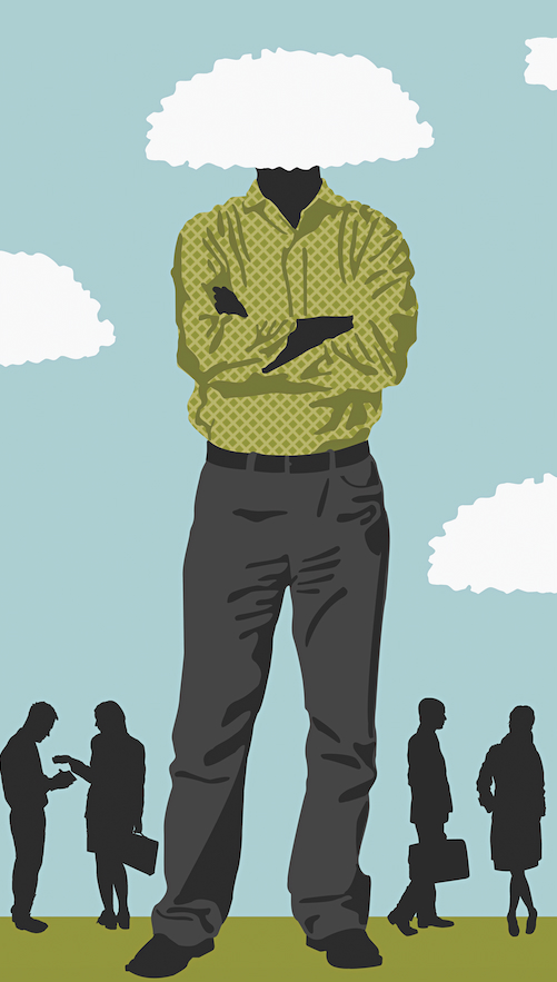 An illustration of a man, crossed arms, with his head in a cloud.