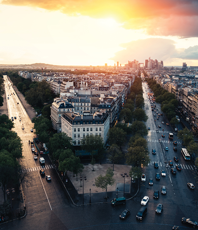 A sunset view from the top of the Arc de Triomphe.
