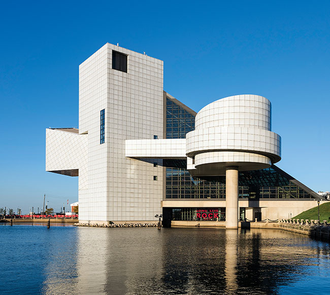 A photo of the Rock and Roll Hall of Fame in Cleveland, Ohio.