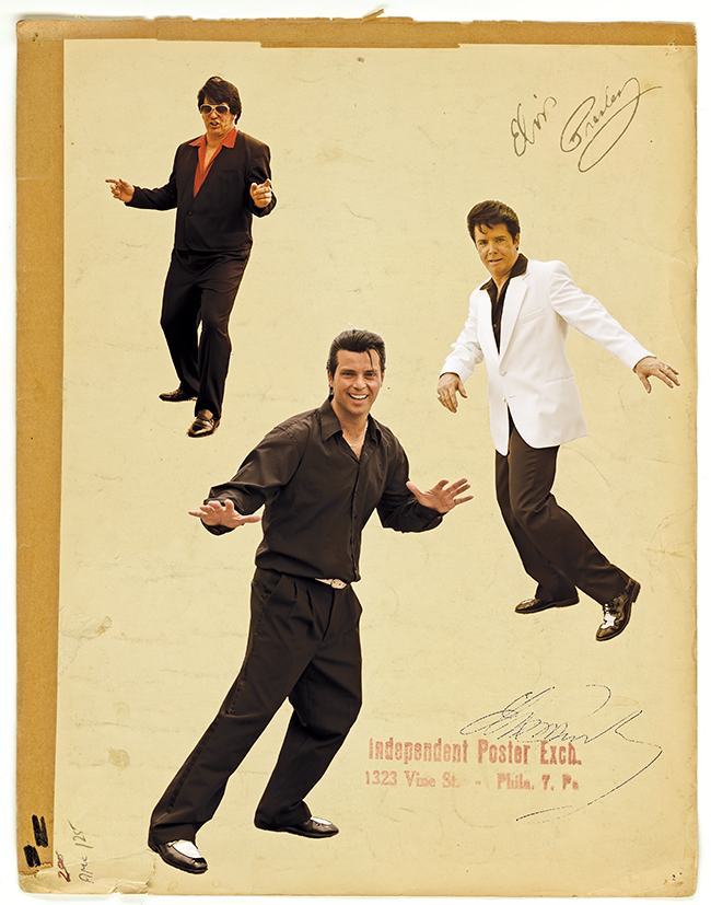 A poster of a trio of Elvis Impersonators.