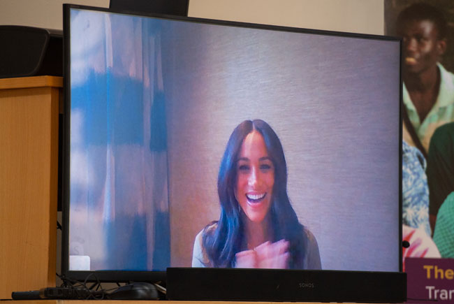 Meghan, Duchess of Sussex appearing via Skype as Prince Harry, Duke of Sussex Sussex visits the Nalikule College of Education to learn about the CAMA network and how it is supporting young women in Malawi on day seven of the royal tour of Africa on September 29, 2019 in Lilongwe, Malawi. (Photo by Dominic Lipinski - Pool /Getty Images)