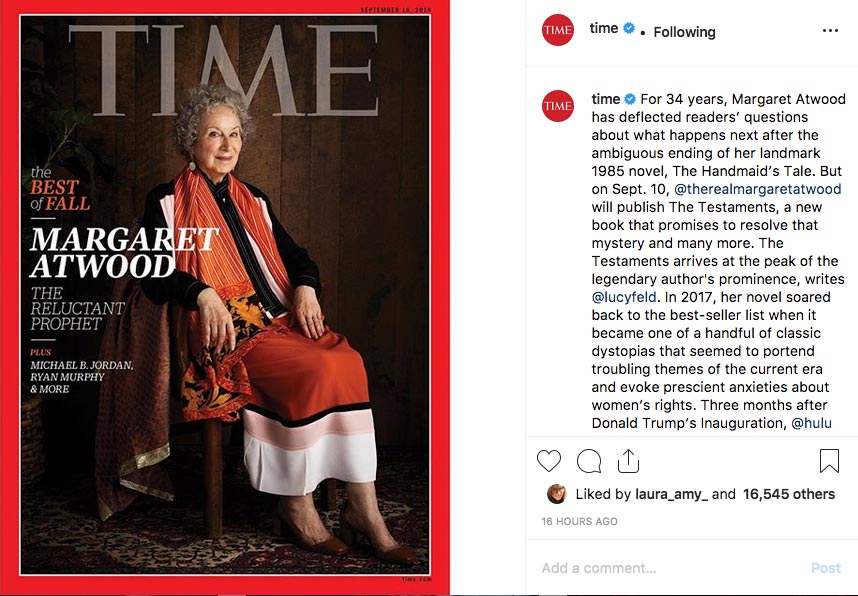 Instagram of Margaret Atwood's new novel and TV seriles