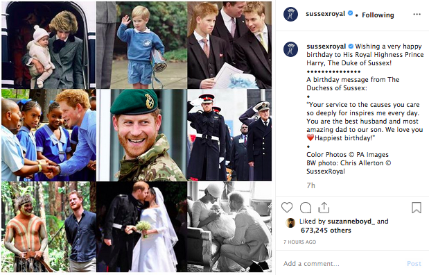 Screenshot of @sussexroyal Instagram post for Prince Harry's 35th birthday