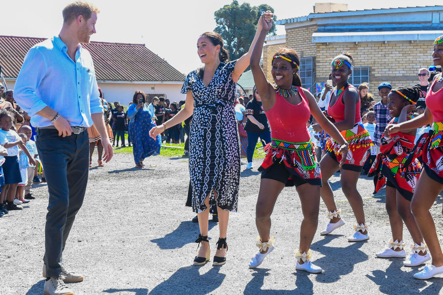 Prince Harry joins in on a dance session during a Justice Desk initiative event in Nyanga township, Cape Town, South Africa.