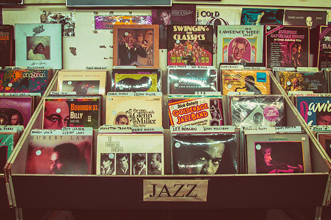 An assortment of Jazz records on display at a record shop.