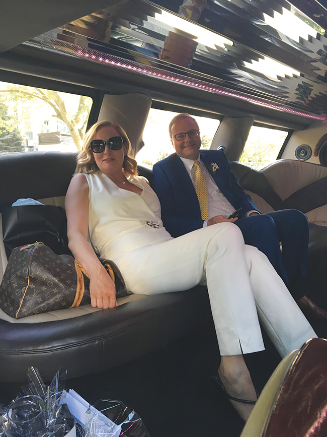 A photo of The author with her groom in the limo.