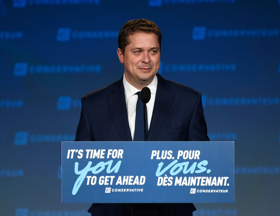 Conservative leader Andrew Scheer delivers his concessions speech on stage at Conservative election headquarters in Regina. Photo: The Canadian Press/Jeff McIntosh