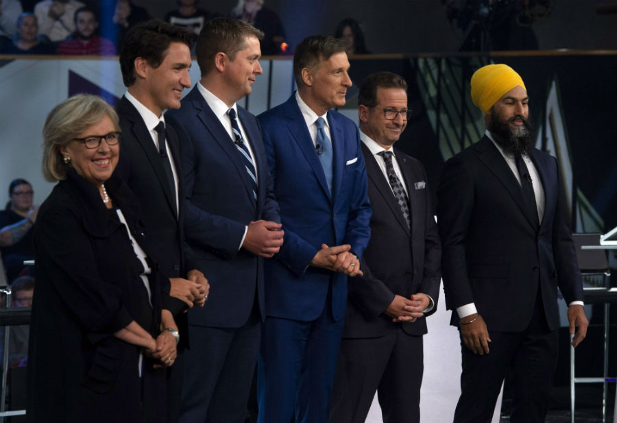 Federal party leaders Green Party leader Elizabeth May, Liberal leader Justin Trudeau, Conservative leader Andrew Scheer, People's Party of Canada leader Maxime Bernier, Bloc Quebecois leader Yves-Francois Blanchet and NDP leader Jagmeet Singh pose for a photograph before the Federal leaders debate.