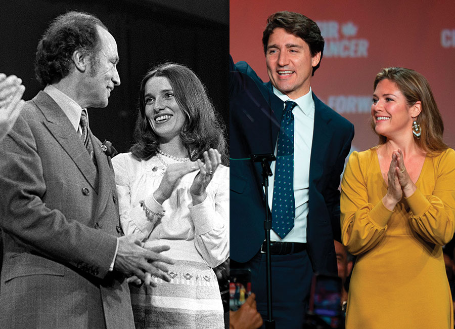 Maragaret Trudeau applauds after speech by Prime Minister Trudeau at an election rally in Hamilton On., Thursday night Oct. 26, 1972. Mrs. Trudeau joined on final days of campaigning for the Oct. 30 federal election. (CP PHOTO/ Peter Bregg). Prime minister Justin Trudeau and his wife Sophie Grégoire Trudeau wave to his supporters at the Palais des Congres in Montreal during Team Justin Trudeau 2019 election night event in Montreal, Canada on October 21, 2019. (Photo by SEBASTIEN ST-JEAN/AFP via Getty Images)