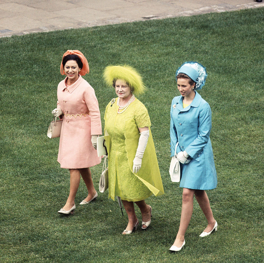 Princess Anne, the Queen Mother and Princess Margaret at the investiture of Prince Charles as the Prince of Wales, 1969.