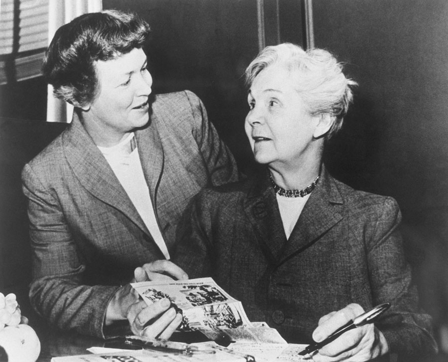 Irma S. Rombauer and her daughter, Marion Rombauer Becker, confer on their famous publication, The Joy of Cooking. Irma produced the first version in 1931 and later brought her daughter into the business.